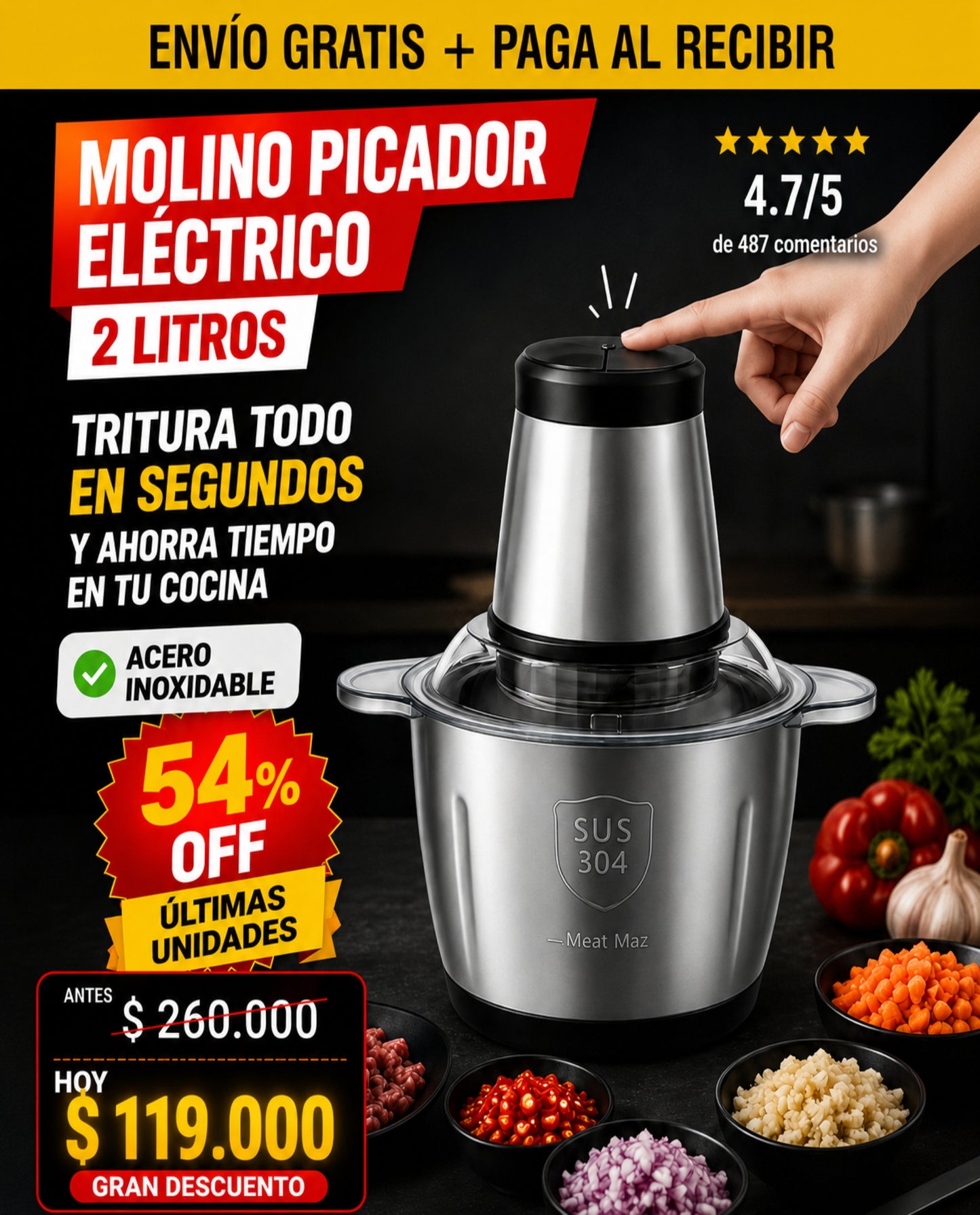 Molino Picador Eléctrico Premium 2L en Acero Inoxidable